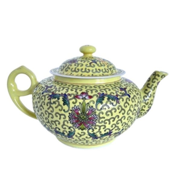 1972 Chinese Famille Juane Yellow Floral Enamel Jingdezhen Squat China Teapot - Picture 1 of 12